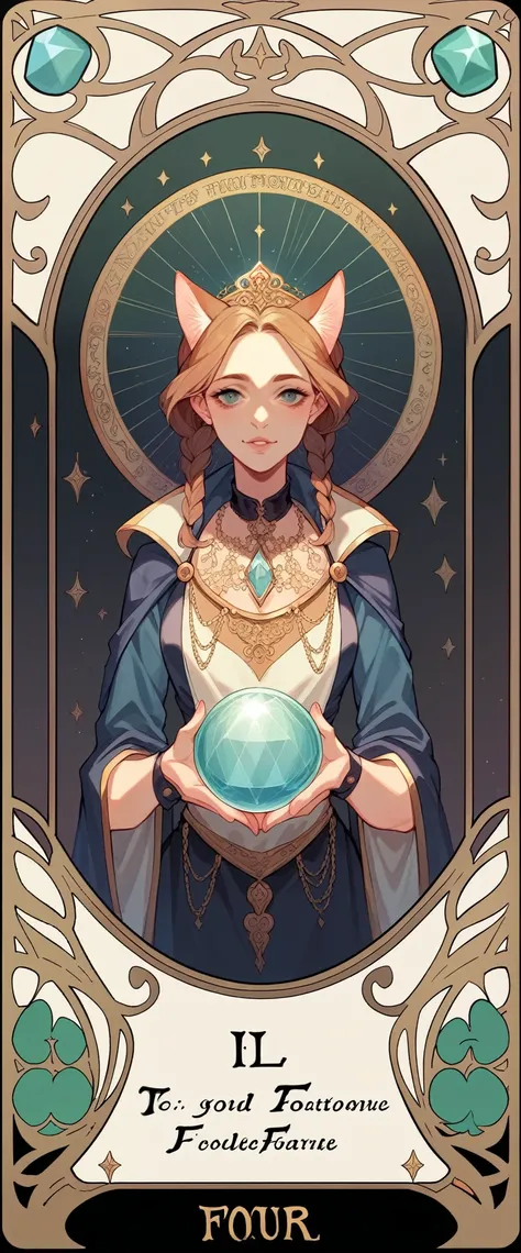 Tarot Card Reader.Mysterious fortune teller holding tarot cards.Tarot cards are neatly arranged on the table..There is a cat nearby.，Attention to detail，Beautiful crystal ball.Dark room .Mysterious atmosphere