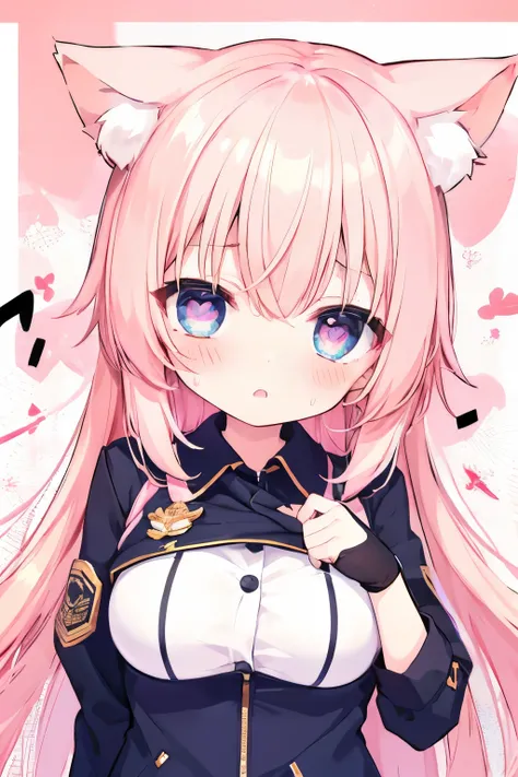 Navy Uniform、Elementary school girl、Light pink hair,Very beautiful and Shining Eyes、Shining Eyes、1 girl、Large Breasts、cat ears、((((()))))、heart❤、((sweat、vapor)）