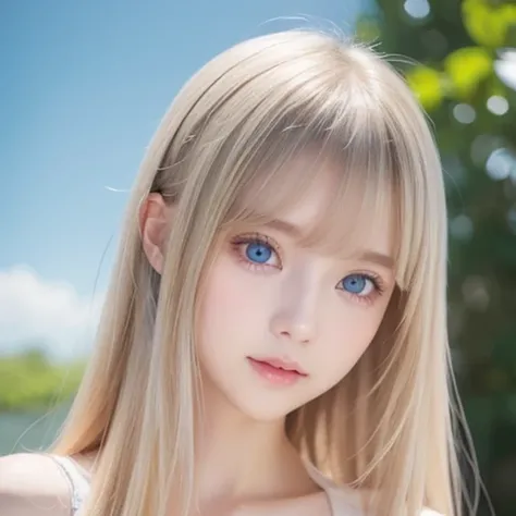 One beautiful girl、Portrait、、blue sky、bright and beautiful babyface、young, super Very white shiny skin、The best beauty、Super long blonde hair with dazzling light reflections、Beautiful natural platinum blonde super long silky straight hair、long bangs betwee...