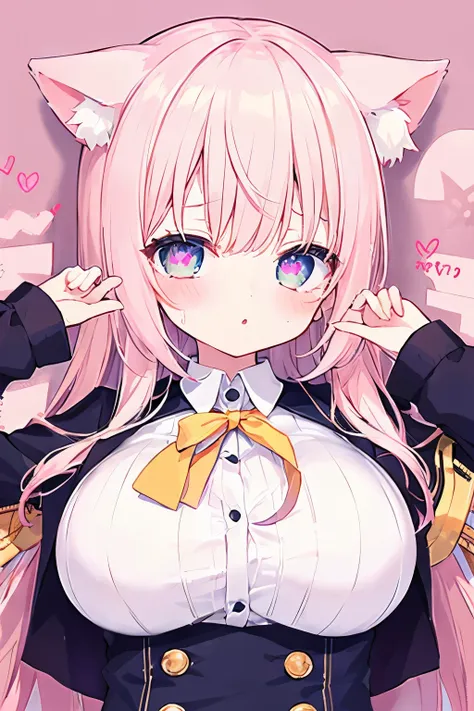 navy uniform、elementary school girl、light pink hair,very beautiful and shining eyes、shining eyes、1 girl、large breasts、cat ears、(...