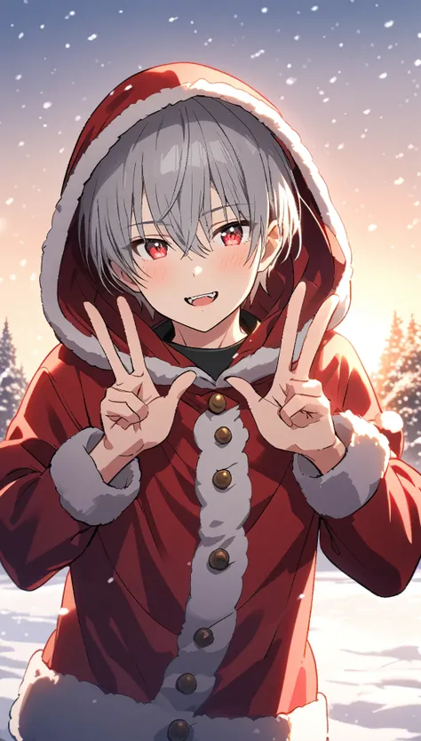 good looking, Alone, 1 male, Gray Hair, Red eyes, Long sleeve, Werewolf Cosplay, noon, White Light,cute目,Short hairstyle,cute,Snow Background,winterの背景,A sparkling view,bright,Looking at the camera,Making a peace sign,winter, Have double teeth,Santa clothe...