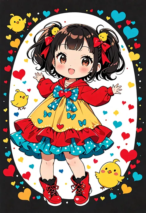 Ultra-realistic Yayoi Kusama colorful style, Simple lines acronym abstract art，(((The most beautiful woman of all time))), (((Chibi))), Colorful hearts, Cute design, Pirate Fashion, Dark Eyes, (((happy holiday))), (((Cute chick)))