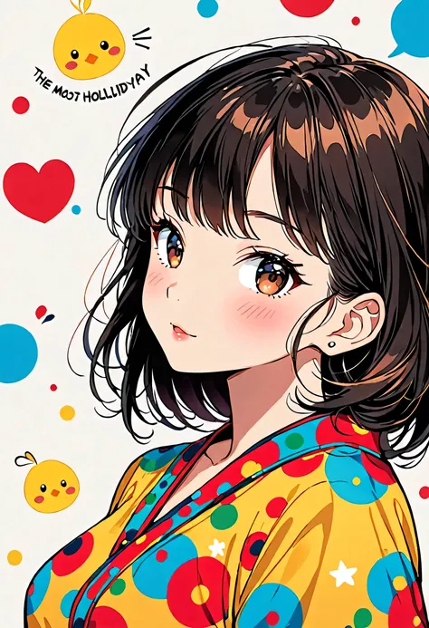 Ultra-realistic Yayoi Kusama colorful style, Simple lines acronym abstract art，(((The most beautiful woman of all time))), (((Chibi))), Colorful hearts, Cute design, Pirate Fashion, Dark Eyes, (((happy holiday))), (((Cute chick)))