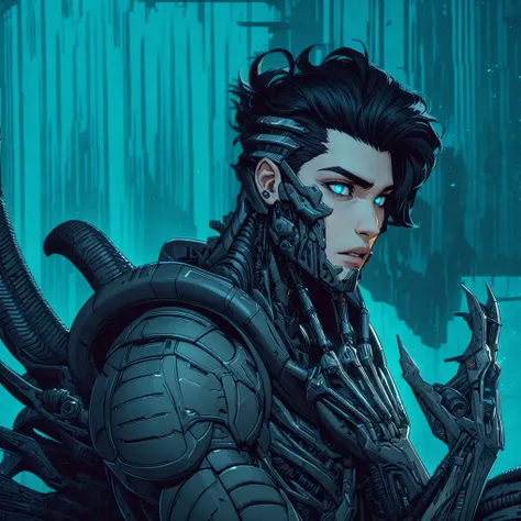 solo, 1boy, a close up of a young man with biomechanical features, black scales and xenomorph tech, dark sci-fi style, digital anime art, detailed face, intricate mechanical details, glowing cybernetic implants, moody lighting, cinematic composition, drama...