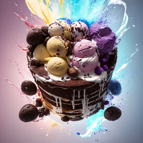 An ice cream, cake, 由液体飞splash制成的液体, merge, melt, splash, Droplets, mix, Fades away, explode, Rotation, Intricate details, Model shooting style, Fantasy Art, Dramatic Lighting. 8K, Highly detailed,