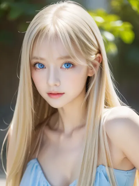 One beautiful girl、Portrait、、blue sky、bright and beautiful babyface、young, super Very white shiny skin、The best beauty、Super long blonde hair with dazzling light reflections、Beautiful natural platinum blonde super long silky straight hair、long bangs betwee...