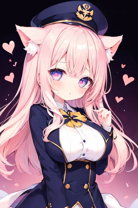 navy uniform、elementary school girl、light pink hair,very beautiful and shining eyes、shining eyes、1 girl、large breasts、cat ears、(...