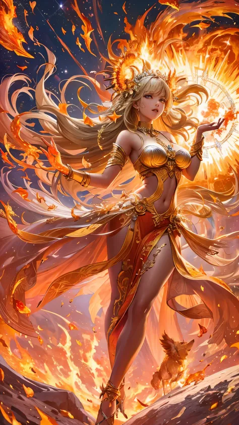 ((Best Quality)),(Ultra-high resolution),(Super detailed),(Detailed Description),((The best CG)),(masterpiece),Highly detailed art,(Art with precise detail:1.5), (Goddess of Fire:1.7),(Fine and smooth skin:1.4), (A loose-fitting garment in a fiery sunburst...