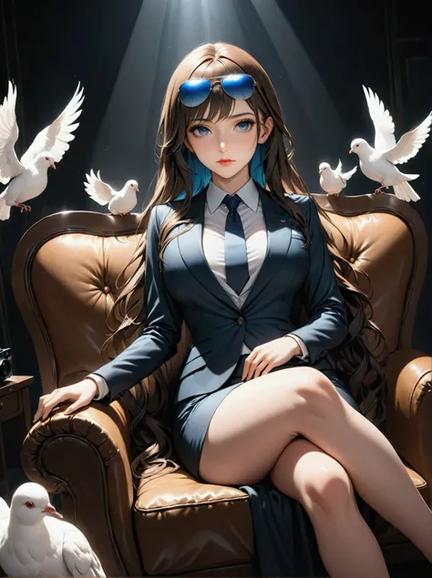 A mysterious female secretary in a suit sits on a sofa in a dark room... High resolution, 1 girl, full body, alone, Long hair, Brown hair, Black hair, Blue hair, Sunglasses on head, dutch angle, masterpiece, She is a woman with a calm and cold face., Dress...