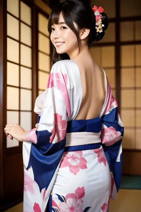 A beautiful woman. She is smiling. Wearing a Japanese kimono. Sexy. Breasts slightly open. (Beautiful hip line.) (Back view.)