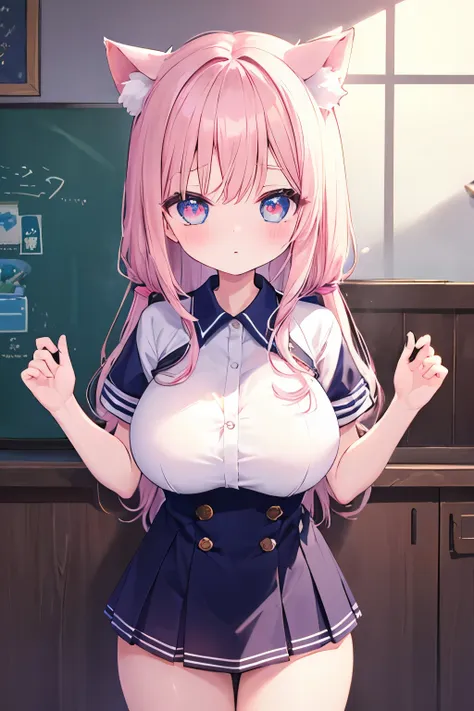 navy uniform、elementary school girl、light pink hair,very beautiful and shining eyes、shining eyes、1 girl、large breasts、cat ears、(...