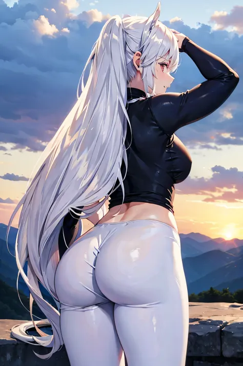 ,long white hair,8k,best quality,detailed body, leggings,belly free tanktop,,ass focus, ,very cute ponytail,best quality,masterp...