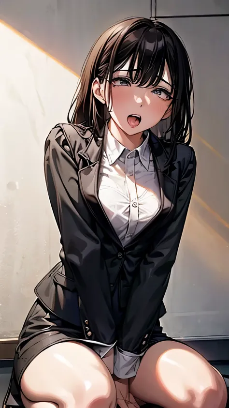 Shoot from below:1.5,Meeting Room,Desk and computer in the background,On all fours,,masterpiece,quality,High resolution,高quality,Realistic,Random hairstyle,business suit,Pencil Skirt,Black Jacket,White collared shirt,whole body,Embarrassed face,Oily skin,D...