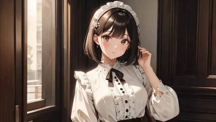 A beautiful woman wearing a brown and white blouse and skirt with lots of frills and lace　Black medium bob hair with hair ornament　Upper Body　lipstick