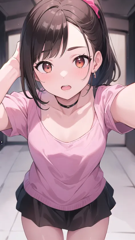 Anatomically correct, One Girl, Small breasts,  ｛Shortcuts:1.7｝, Short Ponytail:1.7, Brown Hair, Brown eyes,Character Portrait,Looking at the camera, , High resolution, First Person View, mini skirt:1.8,pink, Red face, Squat:1.8. Gritting Your Teeth, 