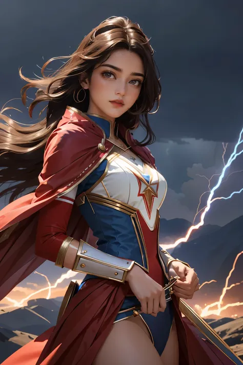 a woman in a red and blue outfit holding a sword, maya ali as a lightning mage, irelia, style artgerm, extremely detailed artger...