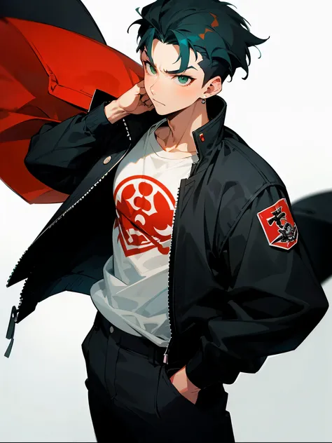 1male , Black Hair , Green Eyes , Modern Undercut Hair , Slick Back Hair , Yusuke Hair , Black and Red Baggy Jacket with Kanji on the sleeve , White T-Shirt with planet graphics , Lean Muscular , Serious Expression , Modern City Background, Adult Male , Pe...