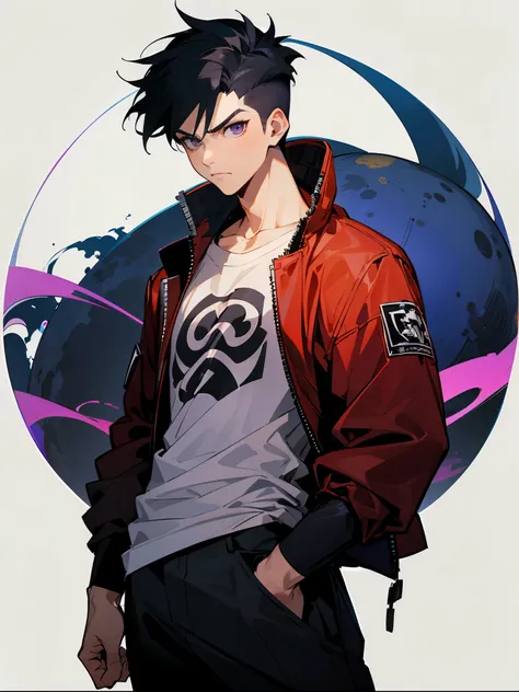 1male , Black Hair , Bright Purple Eyes , Modern Undercut Hair , Slick Back Hair , Yusuke Hair , Black and Red Baggy Jacket with Kanji on the sleeve , White T-Shirt with planet graphics , Lean Muscular , Serious Expression , Modern City Background, Adult M...