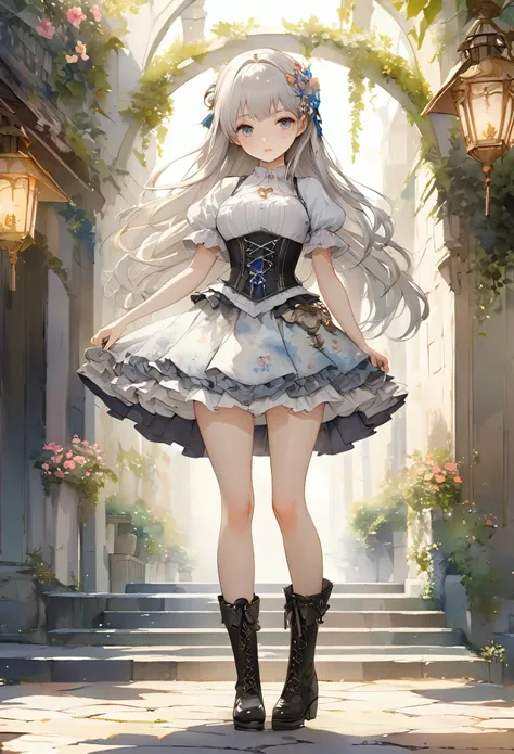 (((nsfw)))、An enchanting scene of a young woman standing amidst elaborate decoration, she was adorned with hair accessories、she is medium length, Straight silver hair..。.。Super mini skirt with frills, sheの表情は自然だ, Calm expression. she wore a frilly-sleeved ...