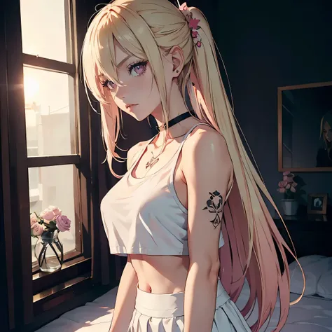 one girl, long blonde hair, pink eyes, mafia inspired, dark background, a bedroom, good lighting, 8k, high resolution, white tank crop top, white skirt, flower tattoo on arms