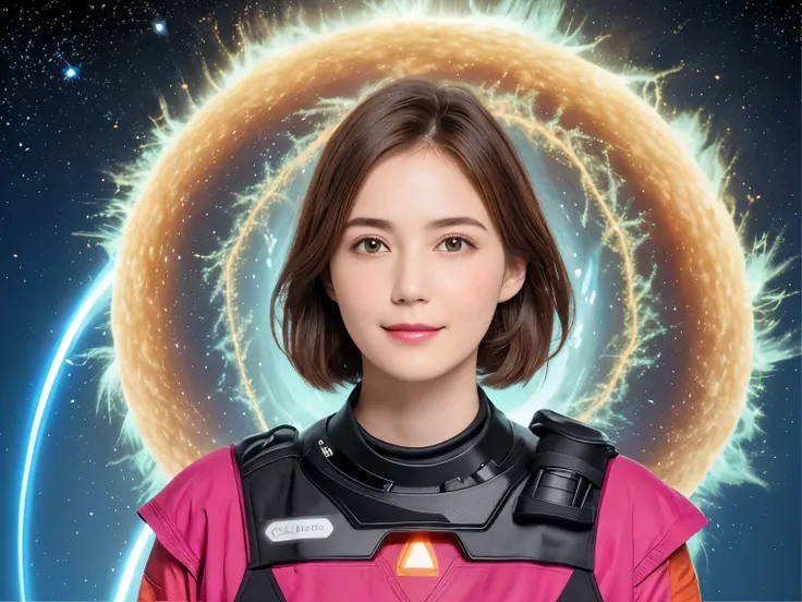 297 (20-year-old woman,short hair), (A kind smile), (colorful), (light vortex), (Fractal Glow), (Plasma Discharge), (Cumulonimbus)