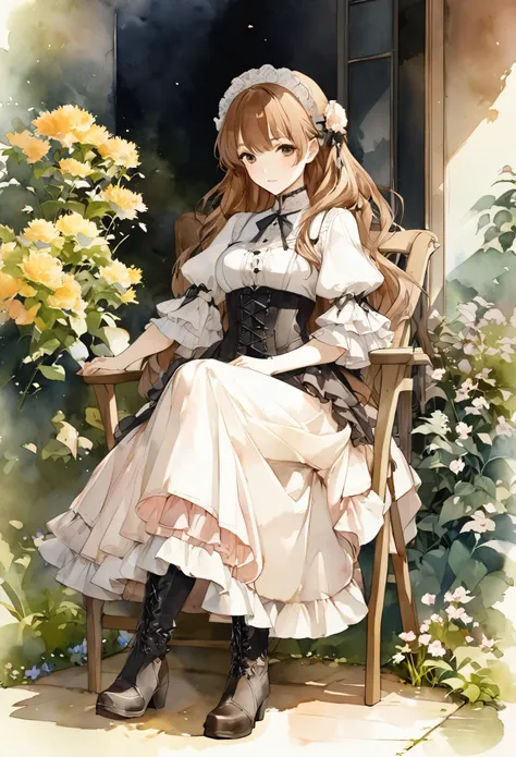 Attractive view of a young woman drinking tea on the lawn, (((Upper Body))), (((gothic))), ,she was adorned with hair accessories、, Wavy brown hair..。Ruffled mini skirt, sheの表情は自然だ, Calm expression. she wore a dress with ruffled sleeves and a tight corset....