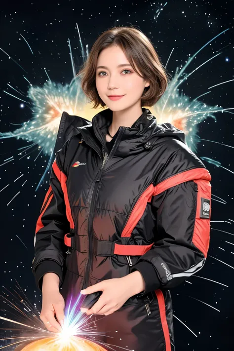 297 (20-year-old woman,short hair), (A kind smile), (colorful), (light vortex), (Fractal Glow), (Plasma Discharge), (Cumulonimbus)