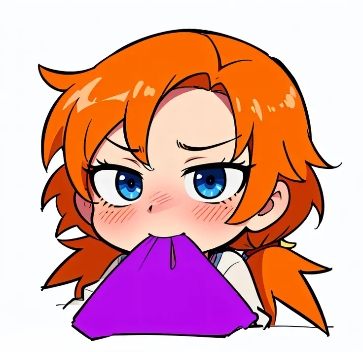 solo, 1girl, orange hair, short twintails, blue eyes, Blushing, holds cloth in mouth