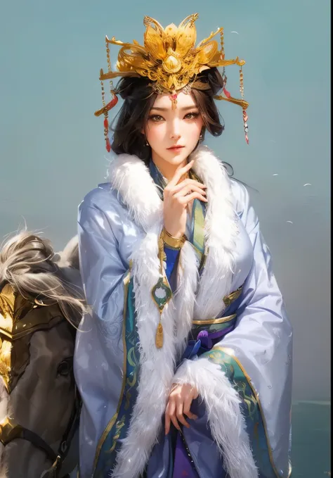 this artwork depicts an attractive woman..，flowing dress、traditional oriental silk costume，white，it is decorated with intricate ...