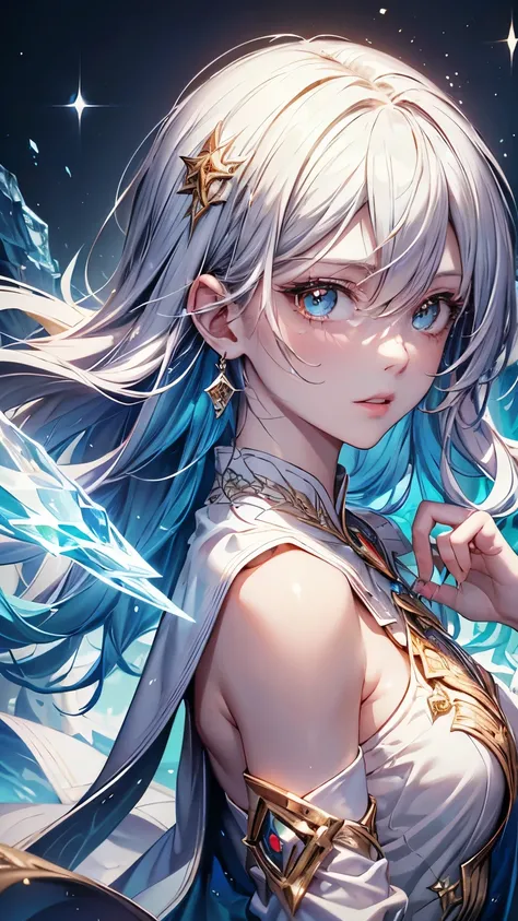 One girl，Blue long hair，((Hide one eye))，((Transparent gold eye))，((Ice Mage))，((4K，8k，CG Unity，Masterpiece，masterpiece，Best Quality:1.5))，Official image，Perfectly correct anatomy，((Realistic:1.2))，Bust Up，((Cool and expressionless))，((Hair swaying wildly ...