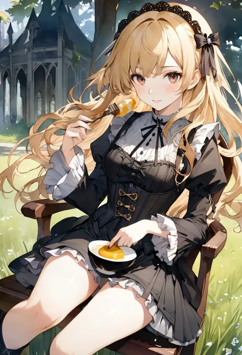 Attractive view of young woman eating pudding on the grass, (((Watercolor))), (((gothic))), ,she was adorned with hair accessories、, Wavy blonde hair。Ruffled mini skirt, sheの表情は自然だ, Calm expression. she wore a dress with ruffled sleeves and a tight corset....