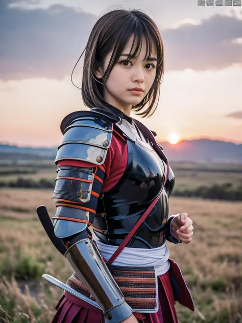 (Close up portrait of one slender small breasts round face brown short hair with bangs girl in an black colored armor warrior as samurai in Japan:1.5)、(One girl is fighting pose with a white-bladed sword on the grassland in Japan with crying face
:1.3)、(Be...
