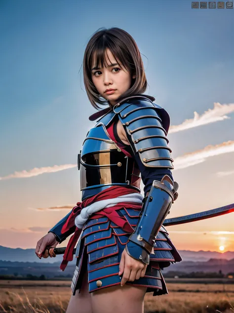 (Close up portrait of one slender small breasts round face brown short hair with bangs girl in an black colored armor warrior as samurai in Japan:1.5)、(One girl is fighting pose with a white-bladed sword on the grassland in Japan with crying face
:1.3)、(Be...