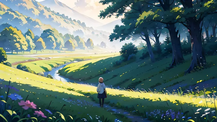 High resolution、masterpiece、Anime art 4k、One blonde woman、whole body、Beautiful Landscape、Journey、grassland、Plains、Rear view、Cinema Lighting、Ray Tracing、Soft light、Celtic landscape on a misty morning、Wide grassland、Create a magical scene in the misty grassl...