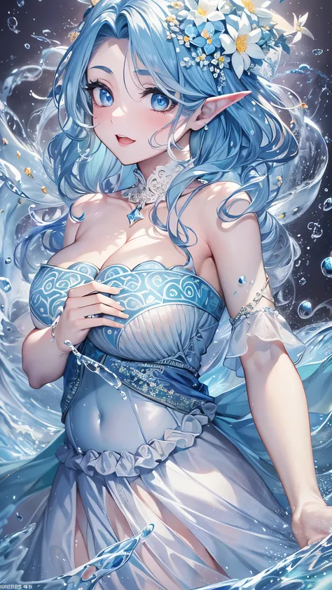 ((Best Quality)),(Ultra-high resolution),(Super detailed),(Detailed Description),((The best CG)),(masterpiece),Highly detailed art,(Art with precise detail:1.5), (Water Spirit:1.6),(Beautiful and well-proportioned face:1.5),like々Shii,White skin,(Big Breast...