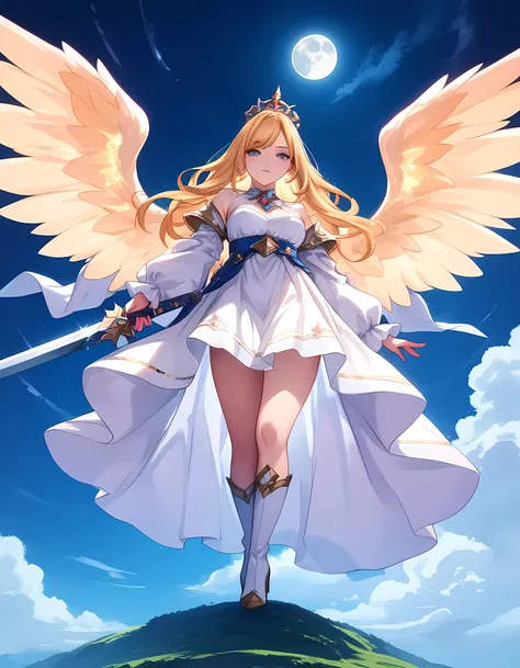 arafed, dnd art, female aasimar, (Masterpiece intense details), paladin, holy warrior, full body, large angelic wings, white angelic wings spread (Masterpiece intense details), fantasy temple background,  16k, ultra detailed, masterpiece, best quality, (ex...