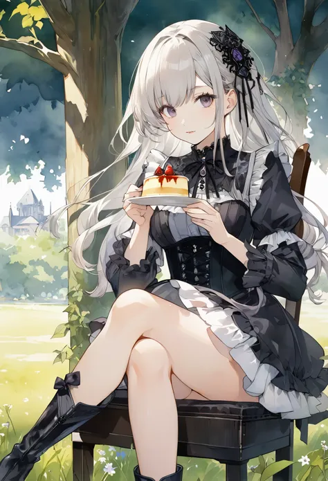 Attractive view of young woman eating pudding on the grass, (((Watercolor))), (((gothic))), ,she was adorned with hair accessories、, Straight silver hair, Ruffled mini skirt, sheの表情は自然だ, Calm expression. she wore a dress with ruffled sleeves and a tight co...