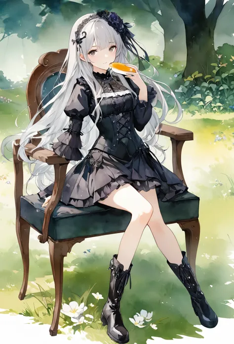 Attractive view of young woman eating pudding on the grass, (((Watercolor))), (((gothic))), ,she was adorned with hair accessories、, Straight silver hair, Ruffled mini skirt, sheの表情は自然だ, Calm expression. she wore a dress with ruffled sleeves and a tight co...