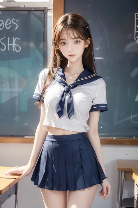 (Ultra HD), (Looking at me), (Short-sleeved sailor uniform, Navy blue mini skirt), Big Breasts, Super beautiful breasts, Slender, (Thin legs:1.2), (Thin thighs:1.2), (Thin Hips:1.4), (Beautiful Skin, Shiny skin, White skin), (Super slim face, Super beautif...