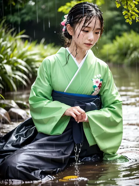 Realistic, long-sleeved kimono, hakama, long hakama, floral kimono, wet clothes, soaking wet clothes, clothes that glow when wet, clothes with a wet texture, clothes that get wet and stick to the body, getting wet in the rain, heavy rain, rain, raindrops, ...