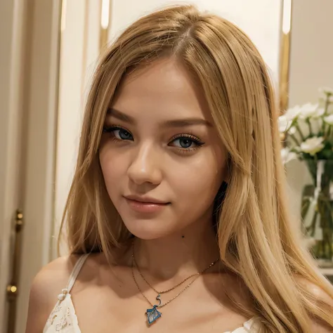 Russian teenage girl, Hairstyle: Long, thick blonde hair, Beautiful eyes with details, Beautiful nose with details, Beautiful mouth with details, Beautiful fingers with details, Sexy figure, necklace, bracelet, Full body image, A bright, confident smile, m...