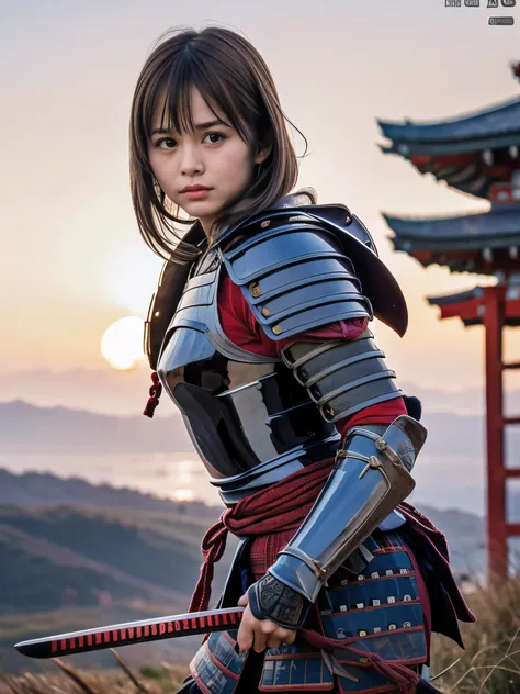 (Close up portrait of one slender small breasts round face brown short hair with bangs girl in an black colored armor warrior as samurai in Japan:1.5)、(One girl is fighting pose with a white-bladed sword on the grassland in Japan with crying face
:1.3)、(Be...
