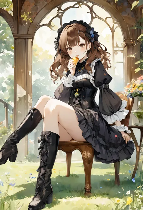 Attractive view of young woman eating pudding on the grass, (((Watercolor))), (((gothic))), ,she was adorned with hair accessories、, Wavy brown hair, Ruffled mini skirt, sheの表情は自然だ, Calm expression. she wore a dress with ruffled sleeves and a tight corset....