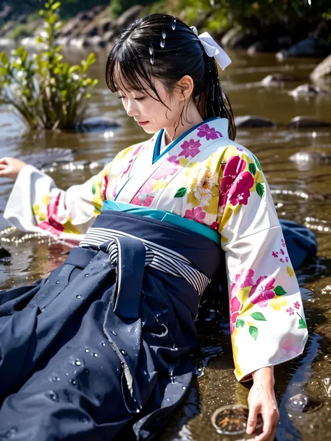 Realistic, long-sleeved kimono, hakama, long hakama, floral kimono, wet clothes, soaking wet clothes, clothes that glow when wet, clothes with a wet texture, clothes that get wet and stick to the body, getting wet in the rain, heavy rain, rain, raindrops, ...