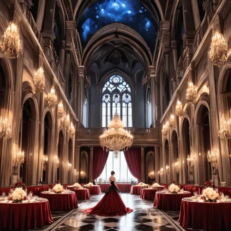 design an elegant gothic ball set in a grand ballroom with soaring ceilings and crystal chandeliers casting a soft glow over the...