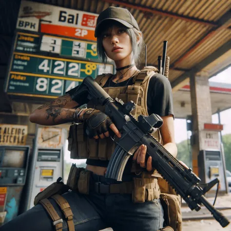 8k, Photorealistic、Realistic skin texture、Pore expression、Japanese women living in America、Troop Commander、SIG SAUER khaki XM7 assault rifle、civilian soldiers、Age 30、Veteran presence、Private Server、Baseball Cap、、sneakers、stylish、mercenary、Veteran Warrior、8...