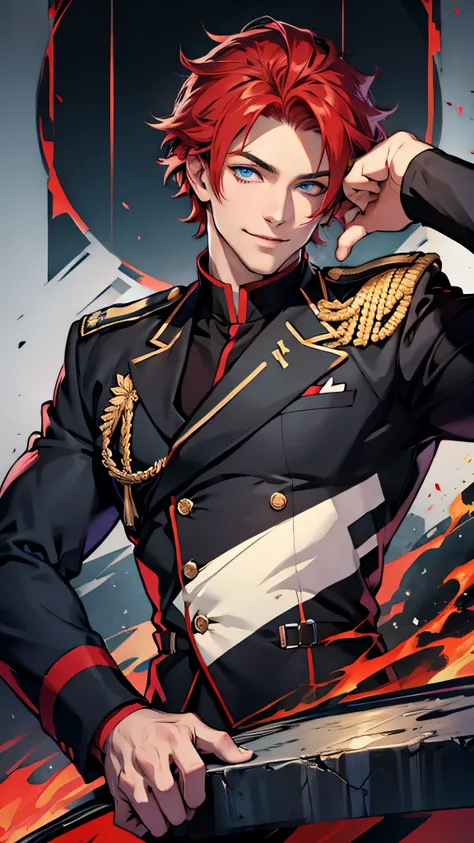 最high quality、Best image quality、masterpiece、male((20th Generation, Red Hair、thin、Show the whole body、Blue Eyes、Muscular,Black military uniform,smile、Salute pose)）high quality、Beautiful art、background((universe)),Tabletop、Exquisite design、Visual Arts、Writt...