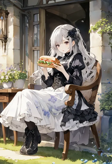 Attractive view of young woman eating sandwich on the lawn, (((Watercolor))), (((gothic))), ,she was adorned with hair accessories、, Straight silver hair。Ruffled mini skirt, sheの表情は自然だ, Calm expression. she wore a dress with ruffled sleeves and a tight cor...