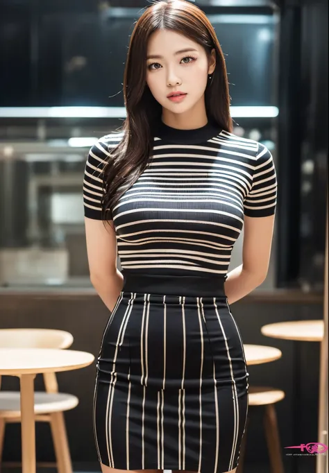 (Tabletop,High quality,16k:1.1),(depth:1.3) ,((Front body:1.35)),japan ,female, ((full dress, Black vertical striped pencil skirt )), tights,Huge breasts, , thick, Curvaceous,(I am&#39;m I&#39;m watching viewers:1.3),(Full body shot:1.2),(Beautiful morning...