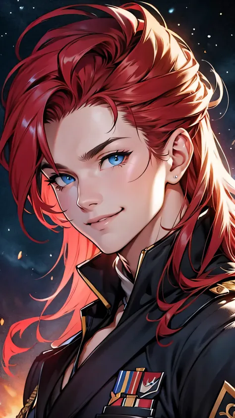 最high quality、Best image quality、masterpiece、male((20th Generation, Red Hair、thin、Show the whole body、Blue Eyes、Muscular,Black military uniform,smile、Salute pose)）high quality、Beautiful art、background((universe)),Tabletop、Exquisite design、Visual Arts、Writt...